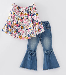 Floral Denim Set with Bows